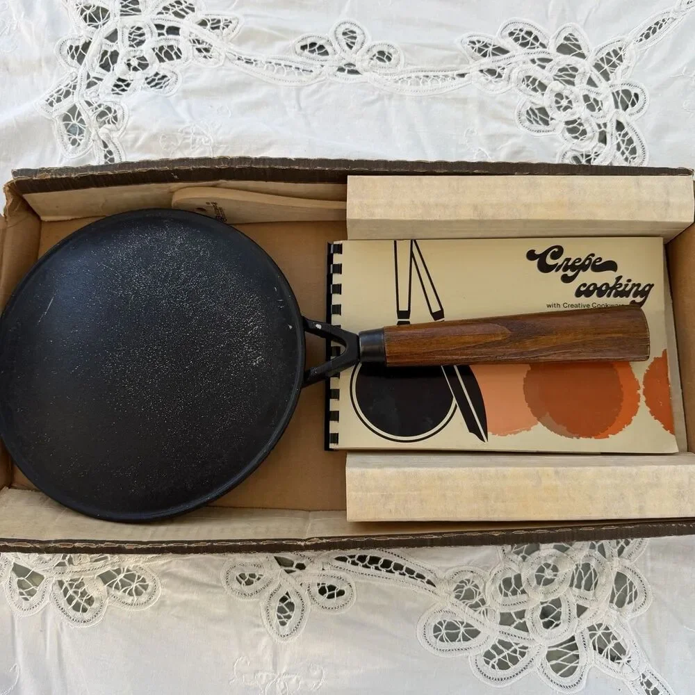 Vintage Creative Cookware Crepe Griddle Pan Set Cook Book / Wood Spreader/ Box